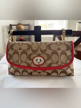 Coach Signature Canvas Flap Crossbody Clutch Khaki Red | Near New | + Tags